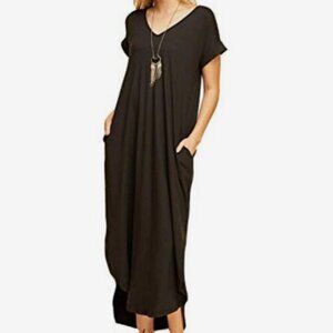 Entro Black Short Sleeve V Neck Loose Fit Knit Maxi Dress with Hi Low Hem